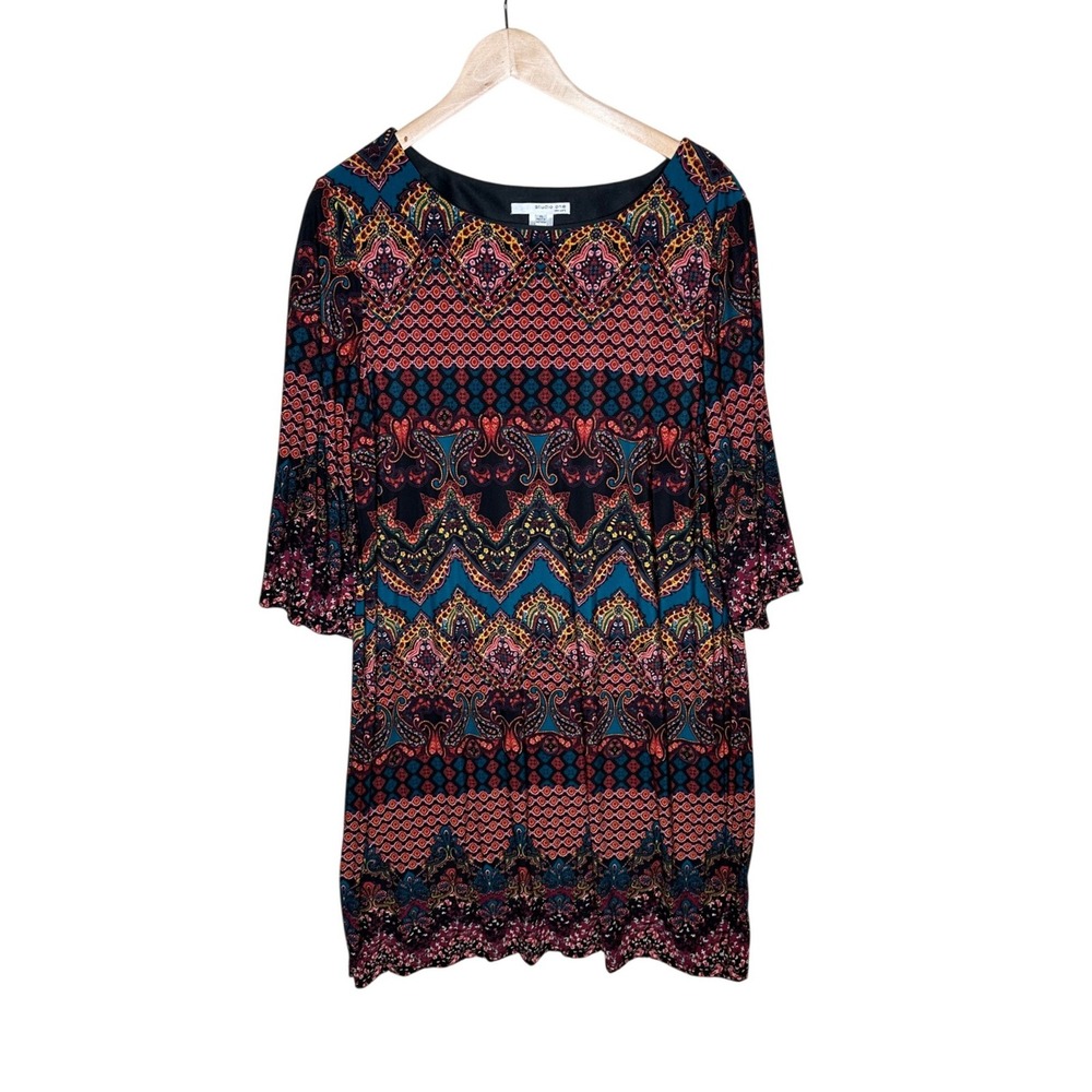 Studio one New York Womens Bohemian Shift Dress Size XL Multicolor 3/4 Sleeve